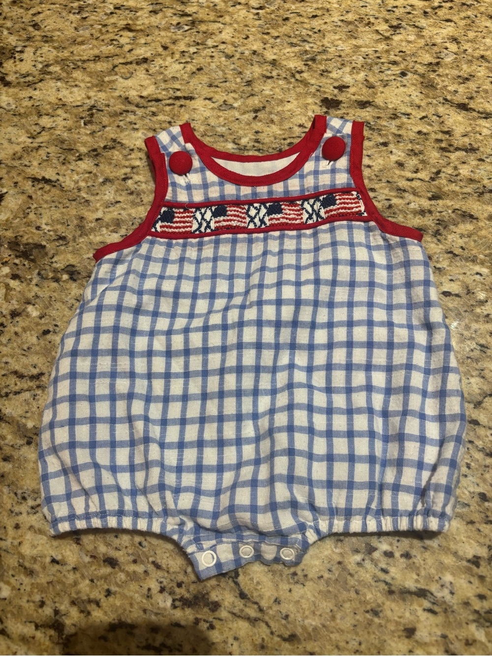 Blue Checkered Bubble with Patriotic flag embroidery and smocking
